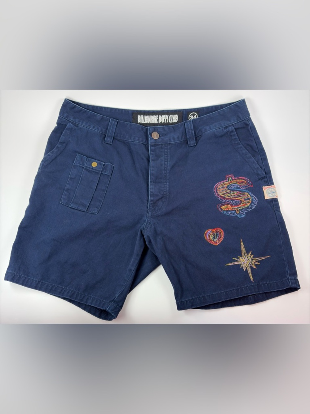 BBC Billionaire Boys Club Embroidered Shorts Size 34 Navy Graphic